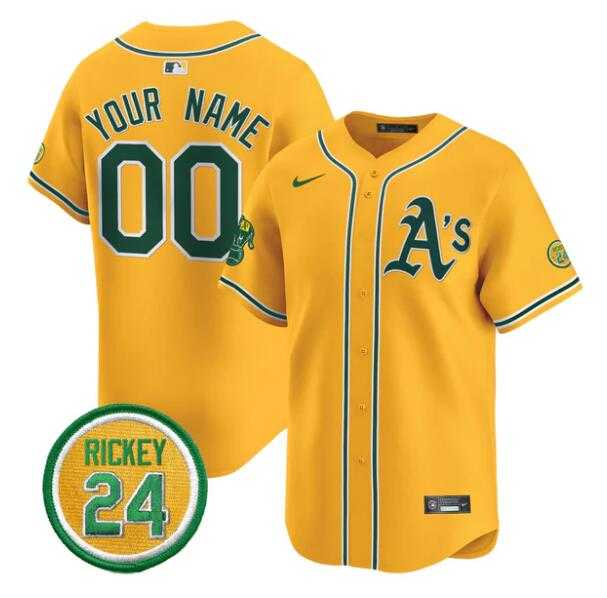 Mens Oakland Athletics Active Player Custom Gold Rickey Henderson Patch Vapor Premier Limited Stitched Baseball Jersey